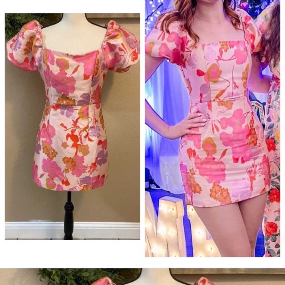 NWOT Lulus So Stunning Orange Multi Floral Jacquard Puff Sleeve Mini Dress